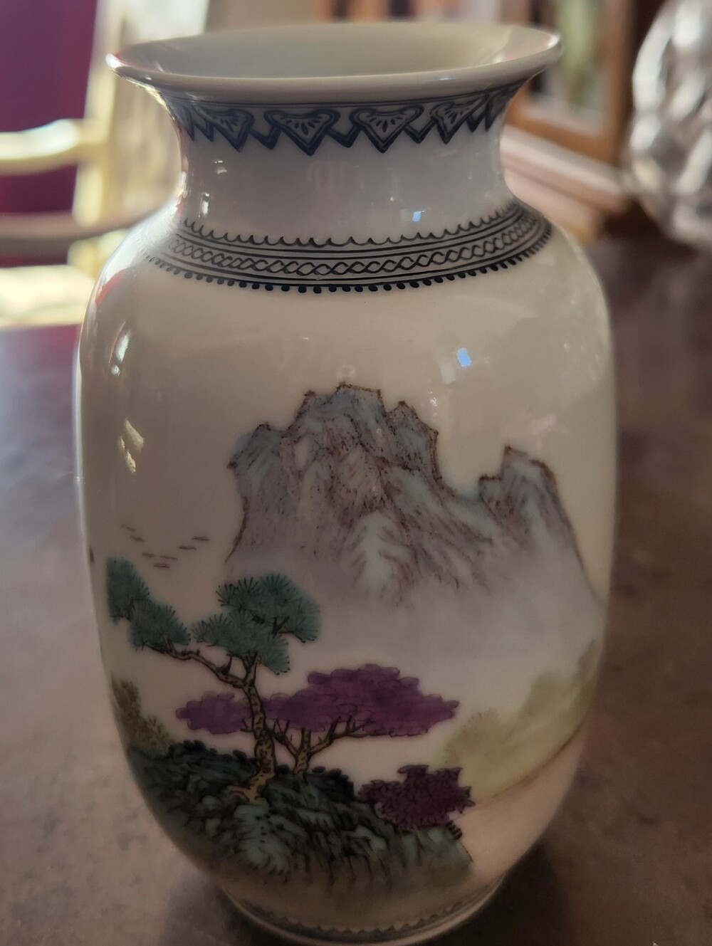 Vintage Chinese 567 Hand Painted Landscape Poem Vase 5" Mid-20th Century